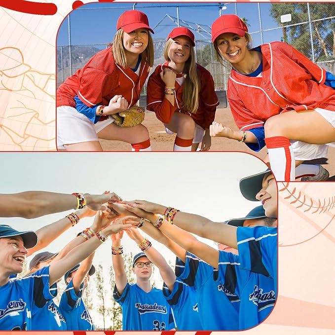 Landical 64 Pcs Sports Softball Bracelets for Women Vinyl Clay Party Favor Bracelet Pack Bulk Beaded Accessories Softball Player Gifts Adjustable Gifts for Goody Bag Fillers Party Favors