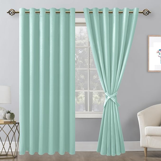Hiasan Room Darkening Curtains for Bedroom, 70 x 84 Inches - Thermal Insulated & Energy Saving Window Drapes for Living Room/Dorm Room, Set of 2 Panels Sewn with Tiebacks, Aqua