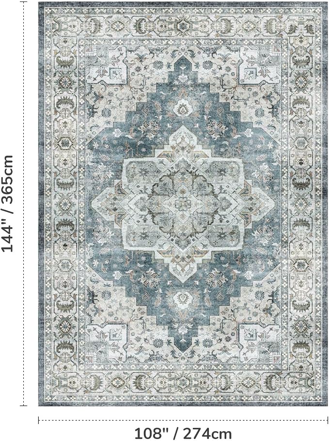 Lessymo Large Area Rugs 9x12 for Living Room, Soft Washable Rug for Bedroom Dining Room Nursery Room Farmhouse, Boho Non Slip Low Plie Carpet Vintage Floral Design, Blue Grey/Beige