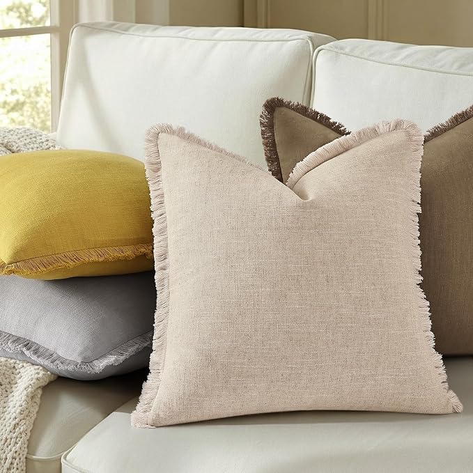 decorUhome Linen Fringe Dark Grey Throw Pillow Covers 22x22 Set of 2 | Euro Sham Decorative Soft Accent Modern Boho Farmhouse Cushion Covers with Tassels Cotton Pillow Covers for Couch Bed Sofa