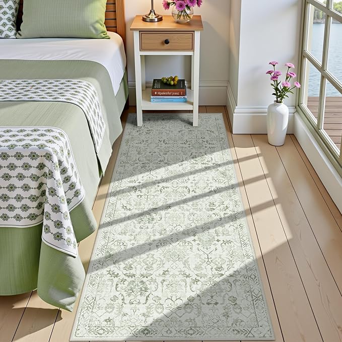 Sage Green 2x5 Runner Rug for Hallways Bed Side Kitchen, Boho Washable Distressed Low-Pile Floor Entryway Long Bathroom Mat, Non-Slip Laundry Room Washstand Front Carpet Green 24x60 Inch