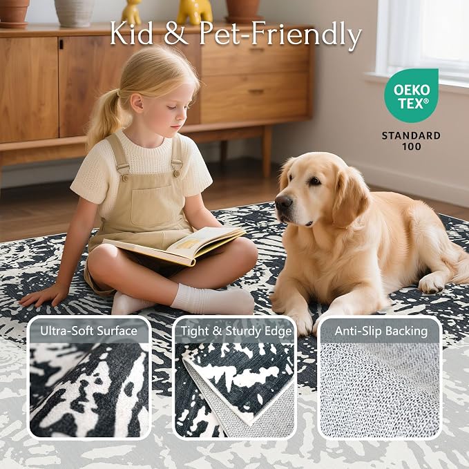 BLISSA Black White Modern 5x7 Area Rug - Ultra-Thin Washable Living Room Rug, Soft Non-Slip Geometric Neutral Abstract Rugs for Bedroom Living Room Playroom Foyer Dining Room Rugs for Under Table