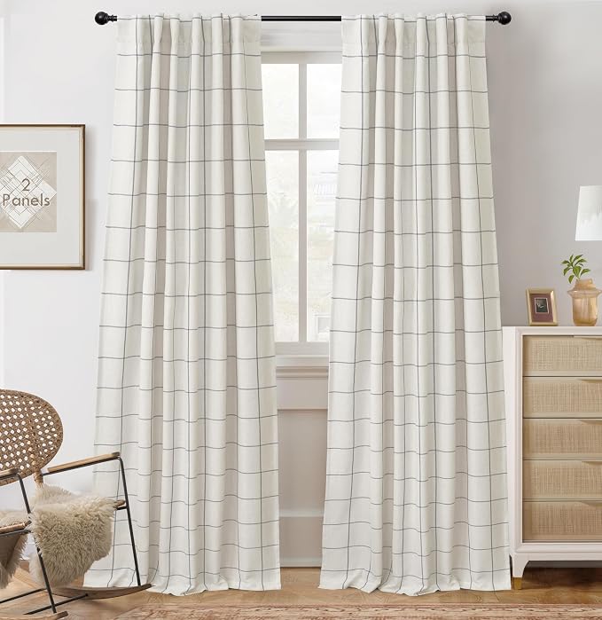 DriftAway 100% Blackout Plaid Linen Curtains 96 Inches Long 2 Panels Gray | 100% Blackout, Linen Texture, Plaid Pattern, Two Layers, Rod Pocket & Back Tab, Bedroom Living Room Use, Luxury Appearance