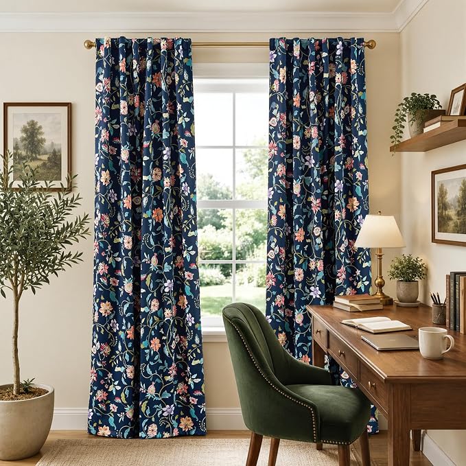 jinchan Dark Blue Floral Blackout Curtains 96 Inch Back Tab 2 Panels | Room darkening, light blocking, elegant vintage drapes, botanical floral print, bedroom, living room, window treatment