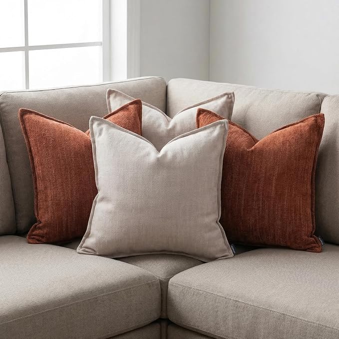20x20 Inches Throw Pillow Covers Set of 4 Soft Textured Chenille Decorative Cushion Cases for Couch Sofa Bed Modern Farmhouse Neutral Accent Covers with Hidden Zipper Beige Orange