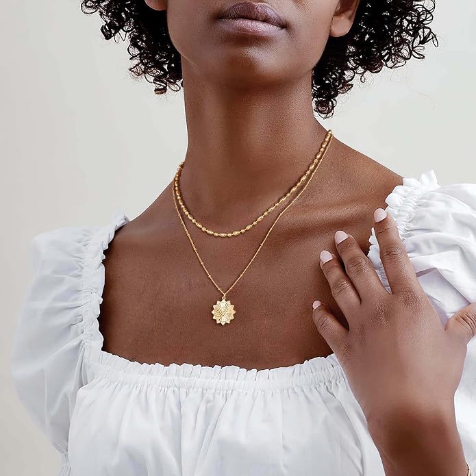 Dremmy Studios Dainty Gold Choker Necklace for Women 14K Gold Plated Coin Disc Figaro Layered Beaded Flat Mariner Sideways Cross Wishbone Link Clavicle Necklaces