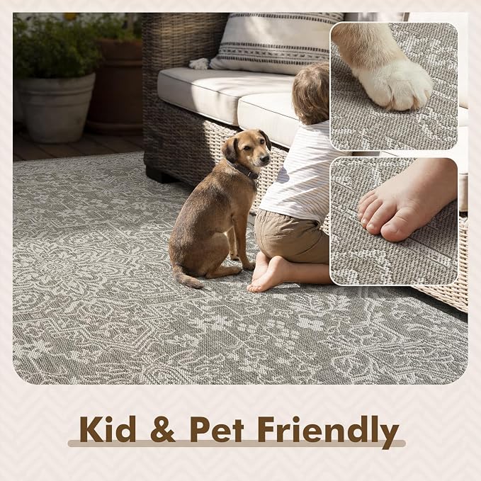 MontVoo-Outdoor Rug-Patio Rug 8x10 Polypropylene Indoor Outdoor Rugs Carpet for Patio Deck Balcony Porch, Textured Weave, Durable for High Traffic, Fade-Resistant, Vintage Medallion Silver Grey