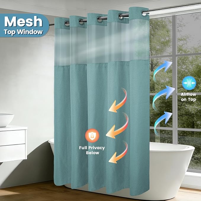 EUTXL Heavyweight Teal Long No Hook Shower Curtain with Snap in Liner,256GSM Waffle Weave Shower Curtains for Bathroom,71W x 86H