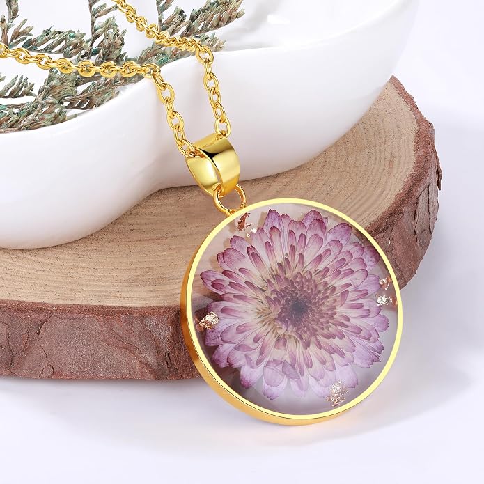 AUNTESIGN Forget-Me-Not and Queen Anne's Lace Pressed Wildflower Necklace | Birth Month Flowers Necklace | Gold/Silver Pressed Flower Jewelry | Mother's Day | Gift For Her