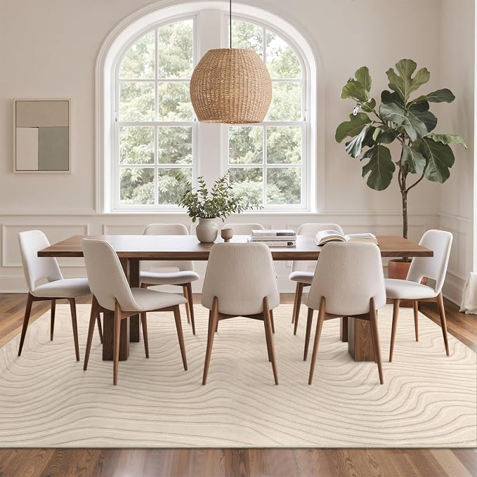 GENIMO Soft Washable Area Rugs 8x10, 3D Modern Wave Textured Rugs for Living Room, High-Low Pile Non Slip Fuzzy Carpet, Non-Shedding Stain Resistant Thin Beige Rugs for Bedroom, Dining Room, Nursery