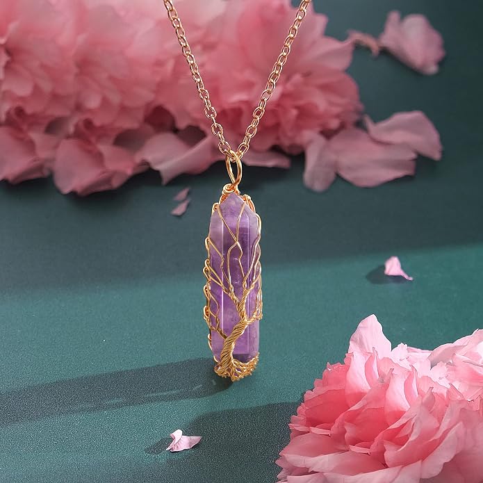 VIBILIA Healing Crystal Necklace Tree of Life Wire Wrapped Natural Stone Point Pendant Necklace Hexagonal Reiki Spiritual Quartz Gemstone Jewelry for Women Men