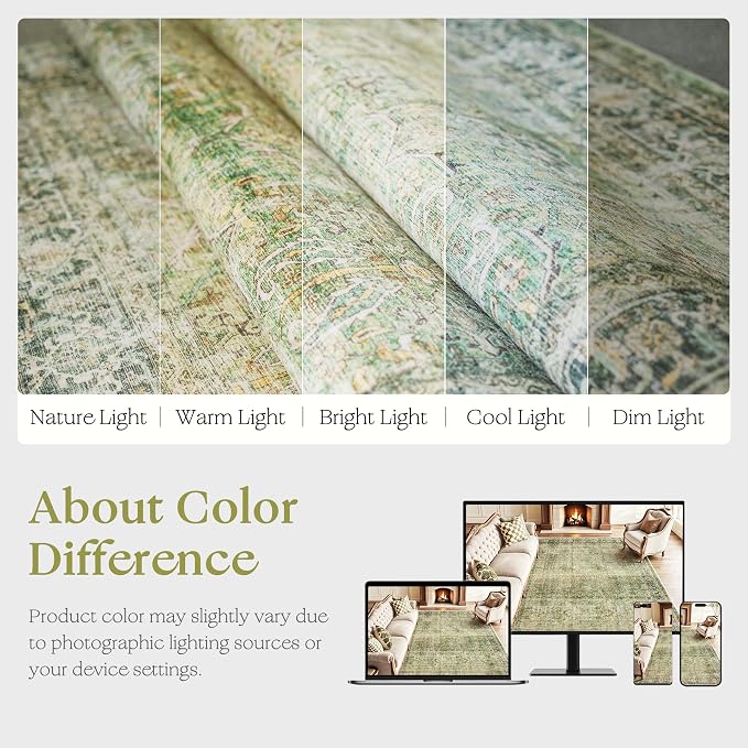 Beauoop 5x7 Washable Green Vintage Retro Large Area Rug for Living Room | Distressed Oriental Traditional Faded Non Slip Low Pile Thin Soft Indoor Throw Rug Pattern Bedroom Dining Room Office Nursery
