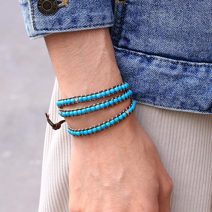 KELITCH Turquoise Beads Bracelets Leather 3 Wrap Bracelet Handmade Women Heart Jewelry