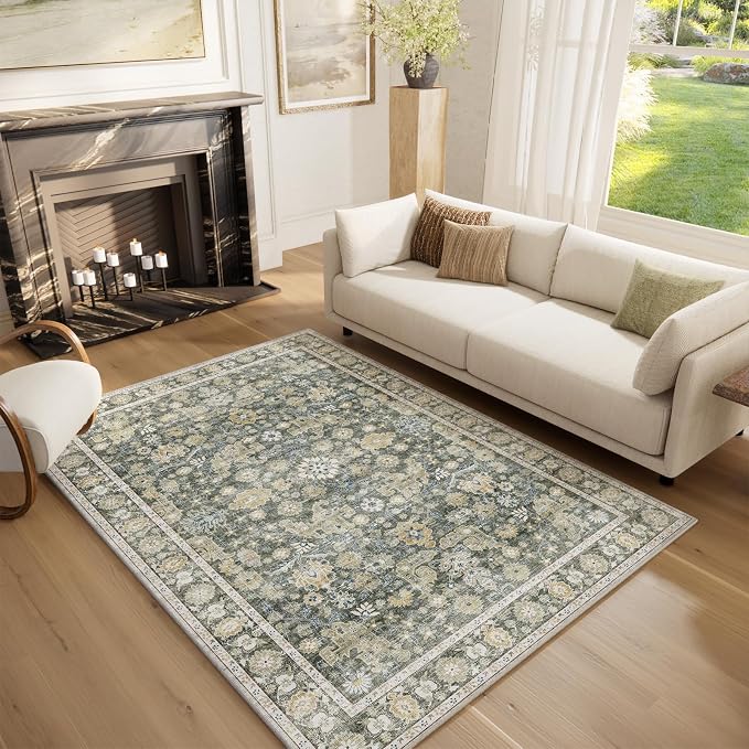Washable Rugs for Living Room: 5x7 Area Rugs for Bedroom Ultra Soft Non-Slip Stain Resistant Vintage Boho Large Carpet for High-Traffic Dining Room - Farmhouse Decor