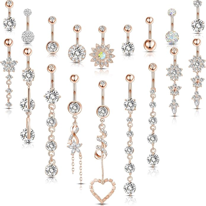 Yaomiao 18 Pcs 14G Stainless Steel Belly Button Ring Rhinestone Heart Dangle Belly Button Rings for Women