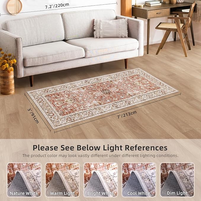 Deerly Vintage Runner Rug 3x7 Runner Rugs for Hallway Non-Slip Kitchen Runner Rug with Rubber Backing Washable Rug Runner for Bedroom Distressed Brick Red