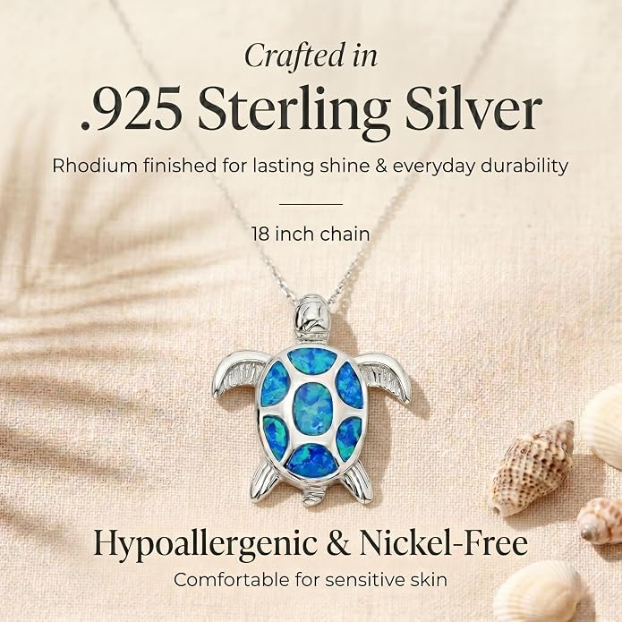 Created Blue Opal Ocean Necklace for Women, 925 Sterling Silver Pendant, 18 Inch Chain, Beach and Sea Life Jewelry Collection