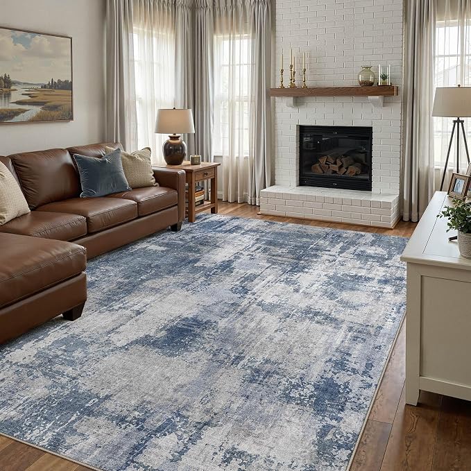 DMOYEST 10x12 Area Rug for Living Room, Washable & Non Slip Large Indoor Carpet, Kid & Pet Friendly Soft Thin Low Pile Abstract Rug for Bedroom and Office - Dark Blue