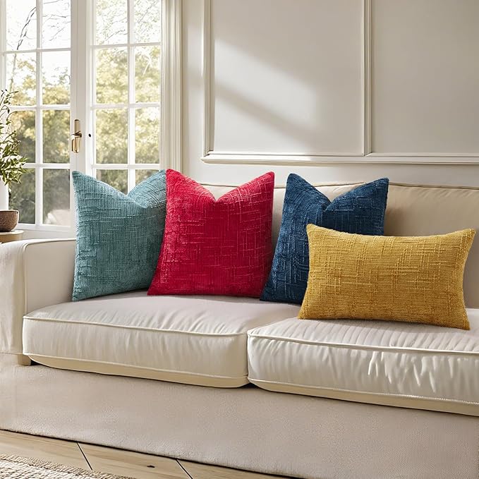 decorUhome Textured Chenille Throw Pillow Covers 22x22 Set of 2 Red | Fall Modern Farmhouse Soft Cozy Slubby Couch Pillow Cases Boho Decorative Pillow Cases for Bed Sofa Living Room Home Decor