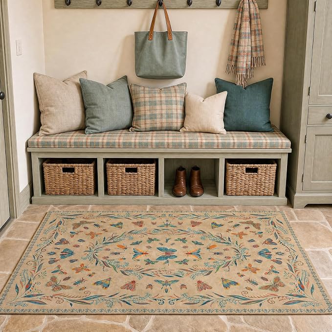 Boho Brown 3x5 Entryway Rugs Indoor - Farmhouse Kitchen Throw Area Rug, Insect Carpet for Bedroom, Mudroom, Laundry Room, Unique Home Décor, Low Pile & Soft Mat