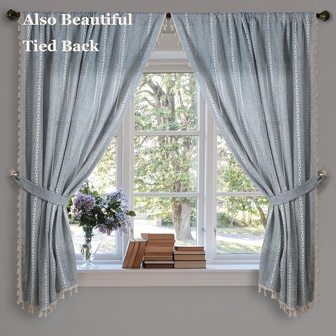 ColorBird Blue Boho Curtains Linen-Textured for Living Room Bedroom Light Filtering 2 Panels 63 Inch Farmhouse Embroidered Striped Curtains & Drapes for Dining Room Kitchen Window Treatments