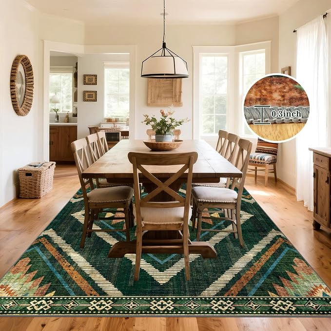 Boho Washable Area Rugs 6x9ft, Large Living Room Area Rug Non Slip, Green Moroccan Bedroom Carpets, Non Shedding Thin Soft Floor Carpet for Dining Room Nursery Home Office