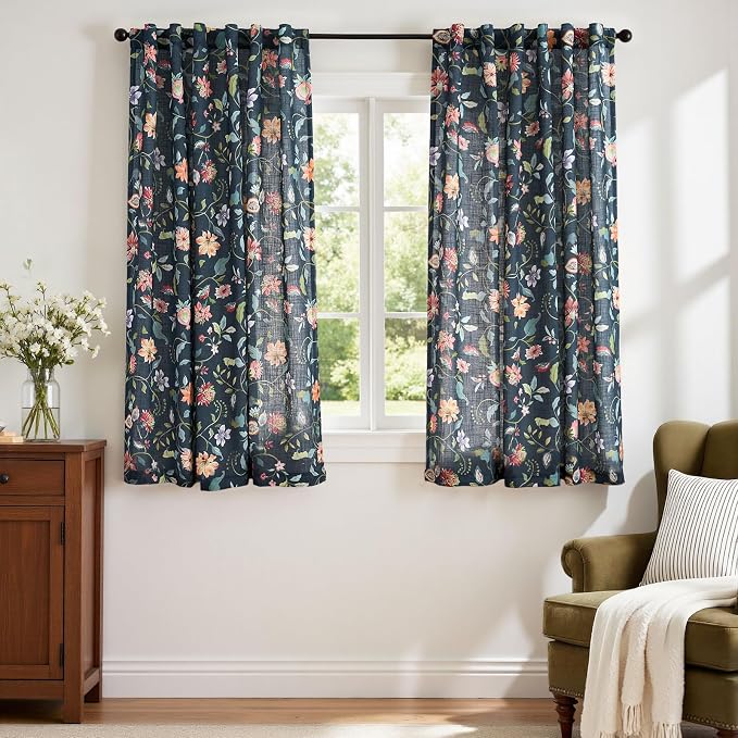 jinchan Dark Blue Floral Linen Curtains 63 Inch Vintage Back Tab 2 Panels | Farmhouse, cottage core, light filtering, semi sheer, drapes, flower, bedroom, living room, window treatment, rod pocket