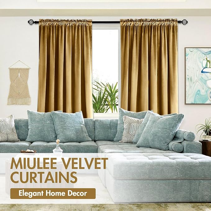 MIULEE Golden Blackout Velvet Curtains Drapes 96 Inch Long 52"x96" Bedroom | Luxurious Bedroom Living Room Decor, Room Darkening, Thermal Insulated, Rod Pocket Design, Super Soft Fabric