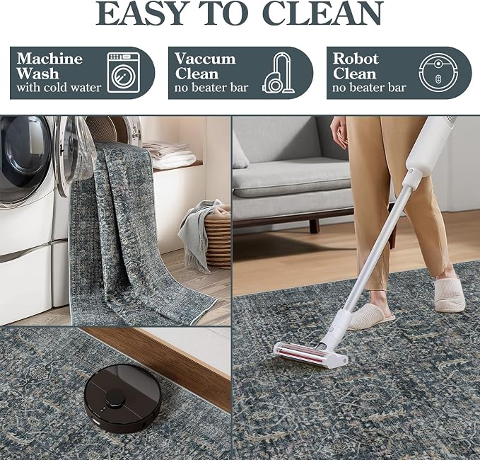 Collive Large Area Rug for Living Room 9x12, Washable Area Rug 9x12 Non Slip Vintage Distressed Bedroom Carpet Ultra-Thin Low Pile Aesthetic Print Floor Rug for Dining Guest Office - Blue/Grey