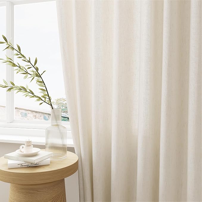 Pinch Pleated Linen Curtains 108 Inches Long Floor to Ceiling Cream | Beige, Light Filtering, Pleat Drapes, for Living Dining Room Bedroom, 108 Inch Length, Hooks Rings, Back Tab, 9FT, 1 Panel