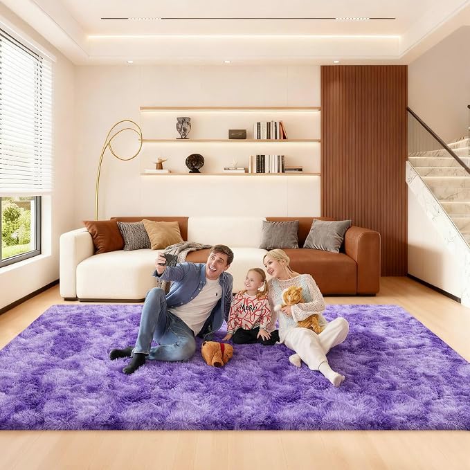 6x9 Area Rugs for Living Room, Large Fluffy Rugs for Bedroom, Fuzzy Shag Soft Non-Slip Carpet for Kids Girls and Boys Nursery Dorm Indoor Room Home Decor (6ft X 9ft, Tie-Dyed Purple)