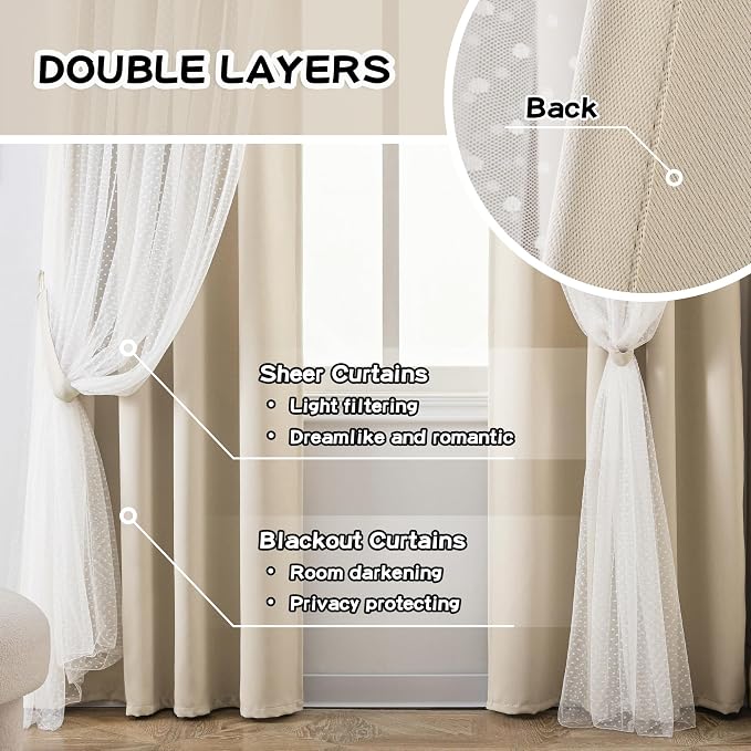 MYSKY HOME Beige Blackout Short Curtains for Bedroom with Polka Dots Sheer Overlay Boho Cream Elegante Nursery Girls Room Curtains 63 inch Long, Grommet Tops, 52" Wide Each Panel, 2 Panels