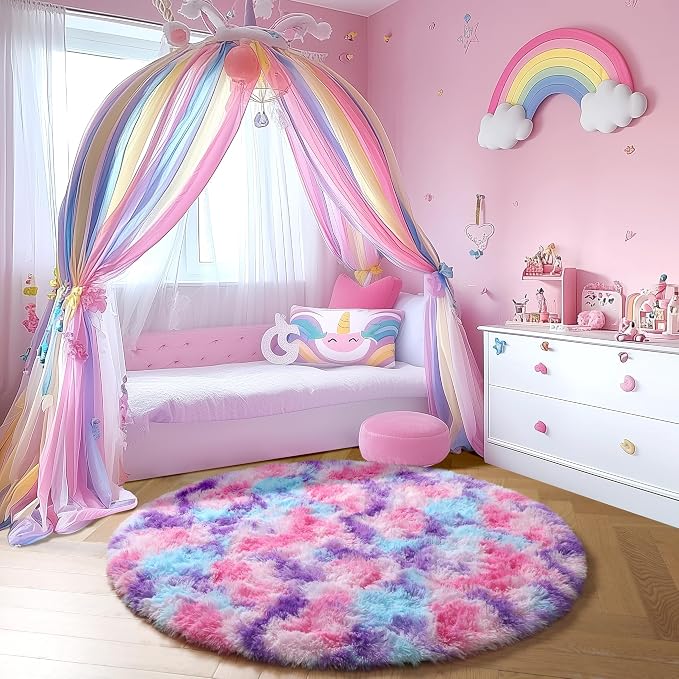 Amdrebio Pink Blue Purple Round Circle Area Rug 5Ft for Girls Bedroom, Fluffy Cute Fuzzy Colorful Pastel Kids Rugs for Nursery Playroom Classroom Dorm, Shag Princess Carpet for Baby Toddler Teen