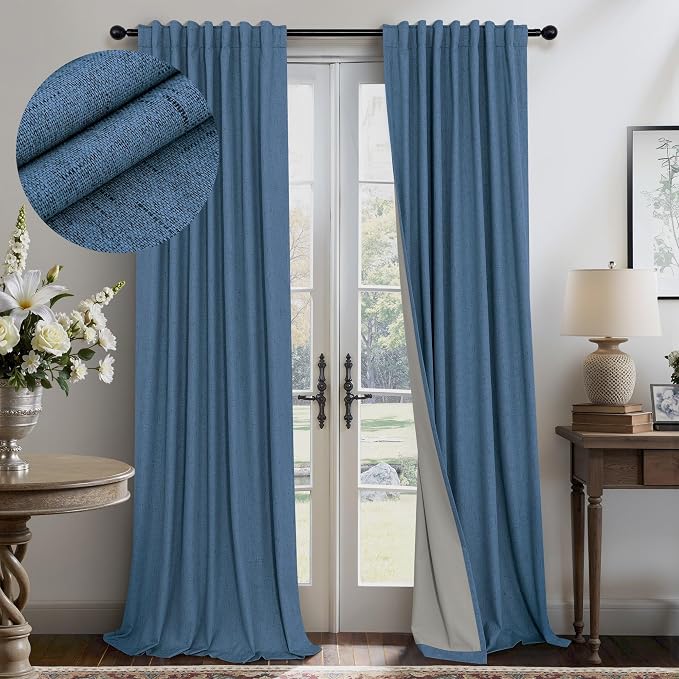 Denim Blue Blackout Curtains & Drapes 84 Inch Length 2 Panels Set Faux Linen 100% Black Out Room Darkening Soundproof Country Blue Curtains for Bedroom Living Room Back Tab Pocket 52x84 Long Drapes