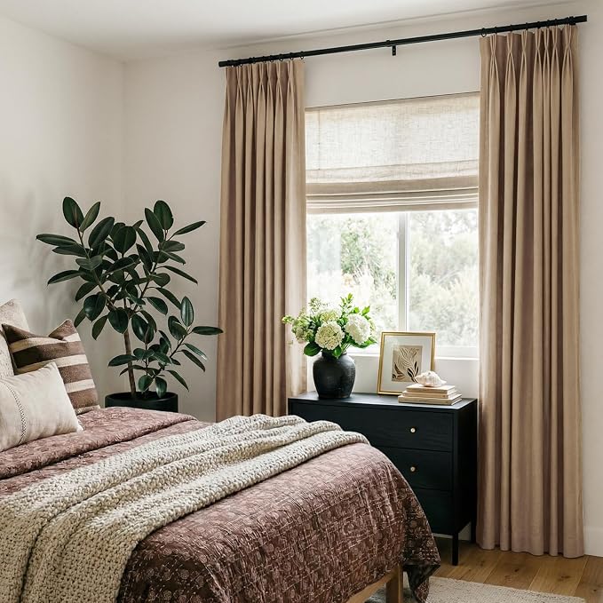 CAPALOCA Brown Linen Pinch Pleated Curtains Blackout, 100% Black Out Curtains 84 inch Long for Bedroom, Tan Blackout Thermal Insulated Pinch Pleated Drapes for Living Room, 40" W x 84" L, 2 Panels
