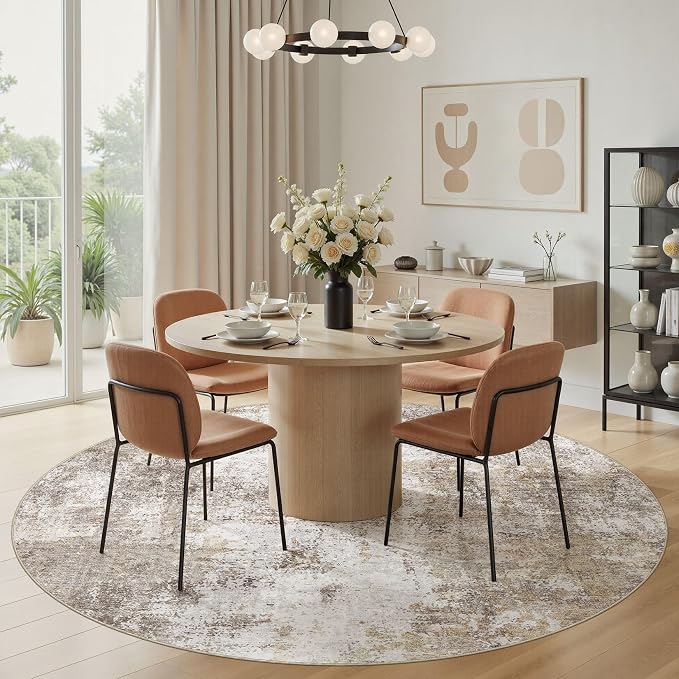 8ft Round Area Rugs for Living Room, 8x8 Washable Non Slip Soft Large Rugs for Bedroom Dining Room, Modern Abstract Low Pile Stain Resistant Carpet for Laundry Office Home Decor - Gold Brown