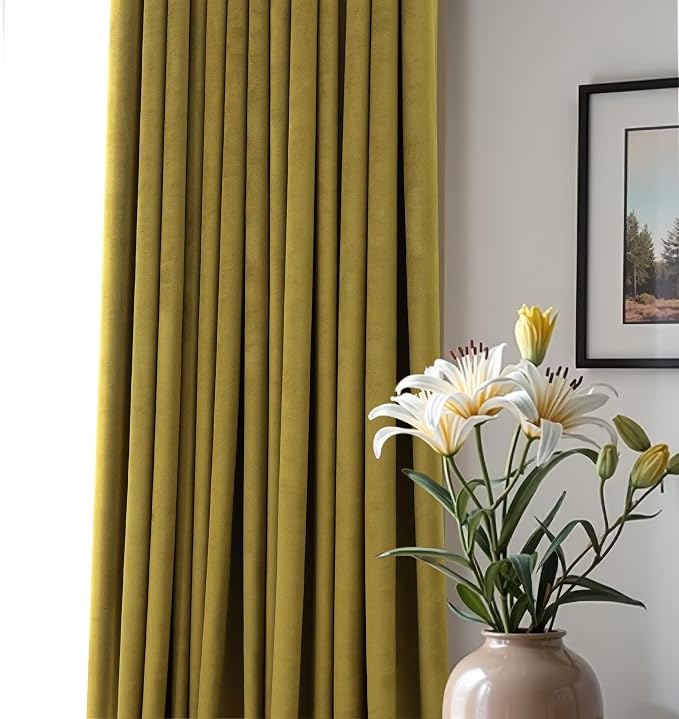 Yellow Green Velvet Curtains 96 Inches Long for Living Room Darkening Super Soft Luxury Quirky Eclectic Bold Thermal Insulated Blackout Chartreuse Velvet Drapes for Bedroom Dining Christmas 2 Panels