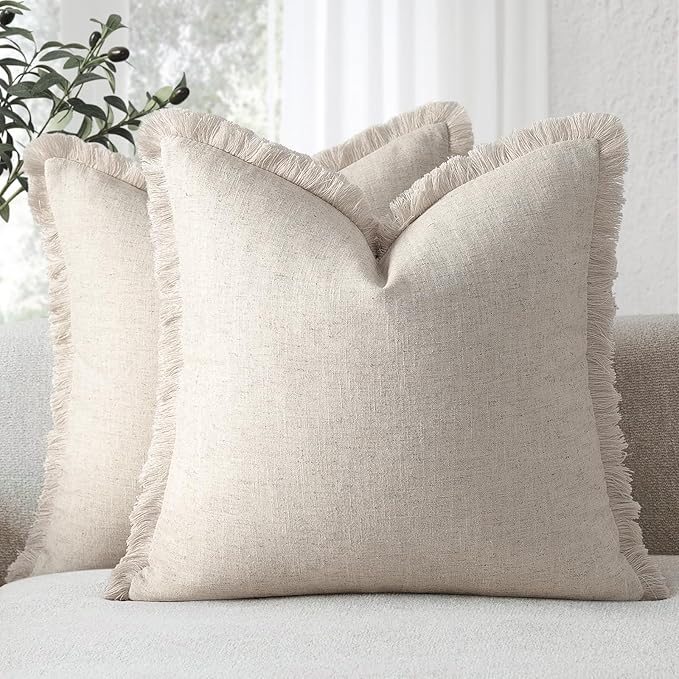 ZWJD Pillow Covers 16x16 Set of 2 Throw Pillow Covers with Fringe Chic Cotton Euro Shams Square Cushion Covers for Couch Sofa Bed Living Room Farmhouse Boho Decor, Natural Beige