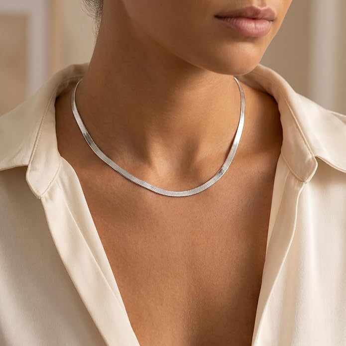 14K Gold/Silver Plated Stainless Steel Herringbone Necklace for Women, Dainty Snake Chain Choker, Trendy Simple Long Layered Jewelry, Non Tarnish 4mm Flexible Flat Necklace, Made in Italy