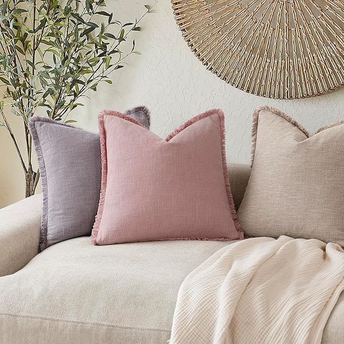 Foindtower Set of 2 Decorative Linen Fringe Throw Pillow Covers Cozy Boho Farmhouse Cushion Cover with Tassels Soft Accent Pillowcase for Couch Sofa Bed Living Room Home Decor,20×20 Inch,Rose Pink