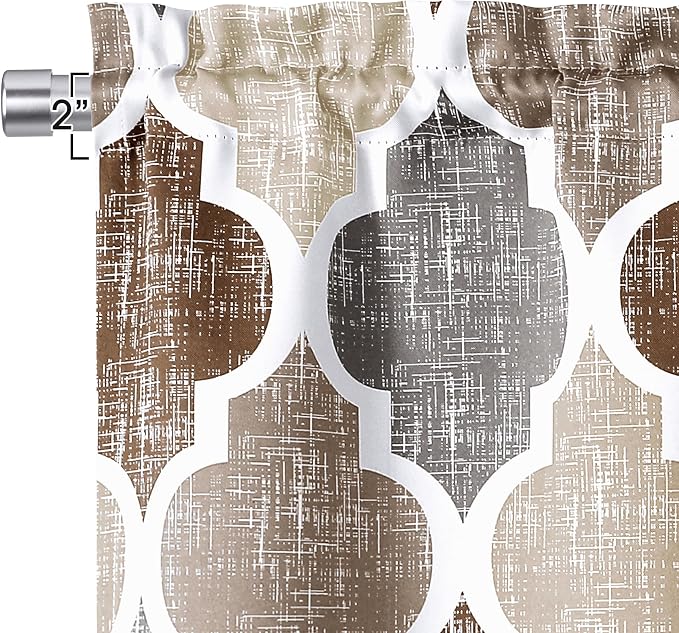 Beauoop Moroccan Valance Curtains for Kitchen Cafe Brown Grey 52x18 1 Panel | Geometric Blackout Short Curtains for Living Room Bedroom 18 Inch Length Thermal Quatrefoil Small Window Curtains Rod Pocket