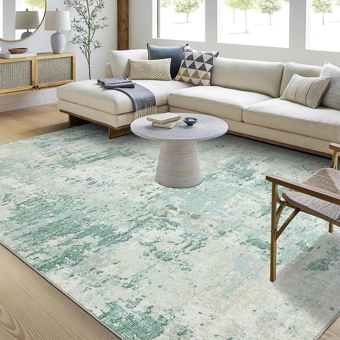ROYHOME Modern Abstract Area Rug 9x12 Non Slip Non Shedding Rug Low Pile Stain Resistant for Bedroom Living Room,Green