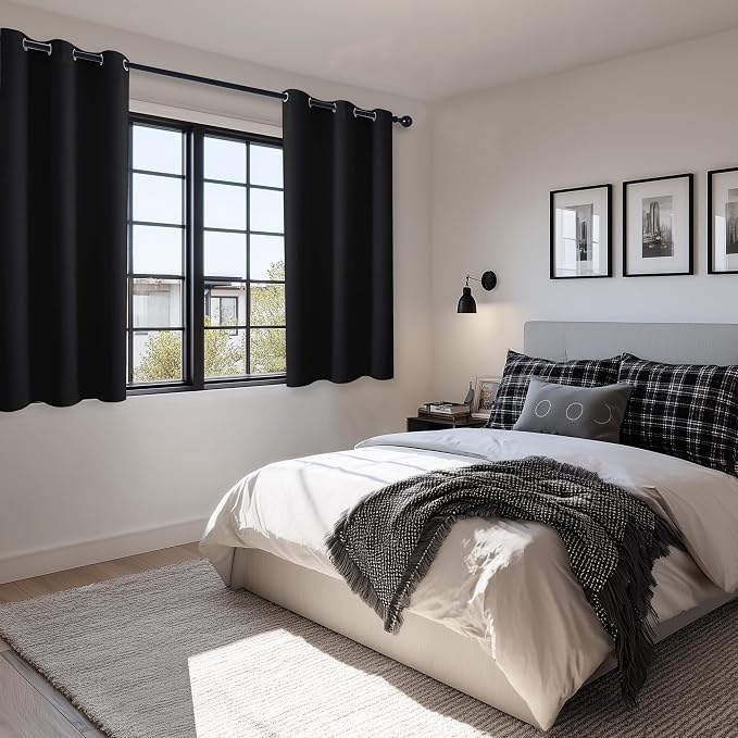 Hiasan Short Blackout Curtains for Bedroom - Light Blocking & Noise Reducing Window Curtains for Living Room, 2 Drape Panels Sewn with Tiebacks, Black, 38 x 45 Inch