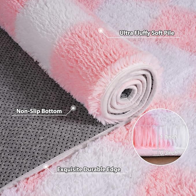 Pionblank Fluffy Area Rug for Bedroom 5x7, Modern Indoor Shag Carpet, Soft Plush Non Slip Checkered Rugs for Living Room Kids Room Home Decor, Pink and White