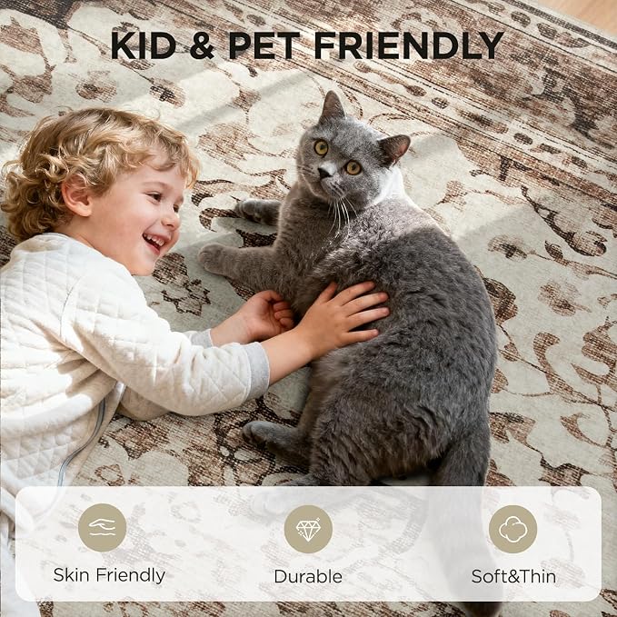Joydeco 8x10 Area Rugs for Living Room, Non Slip Machine Washable Vintage Rug, Low Pile Chenille Print Rugs for Bedroom, Dining Room, Home Office, Pet & Child Friendly, Beige & Blue & Reddish-Brown