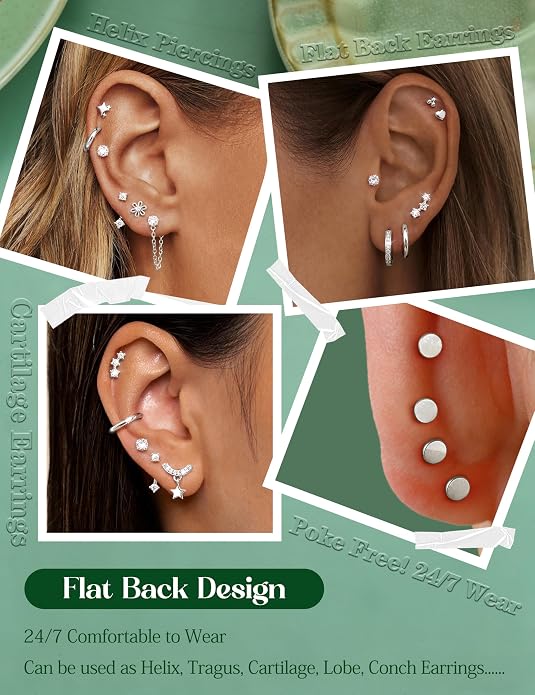 Hypoallergenic Flat Back Earrings 14K Gold Plated Cartilage Earring Stacks for Sensitive Ears Surgical Steel Small Huggie Hoops Flatback Stud Earrings Set for Multiple Piercing Jewelry Gift for Women