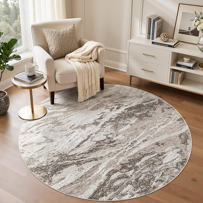Area Rugs for Living Room: 5ft Round Abstract Washable Rug Modern Neutral Large Soft Stain Resistant Non-Slip for Bedroom Dining Room Indoor Home Office Carpet - Brown