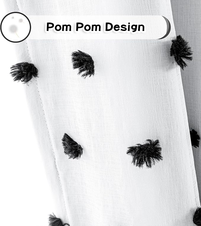 MYSKY HOME Blackout Curtains for Kids Bedroom 100% Light Block Out Thermal Insulated Curtain 63 Inches Grommet Room Darkening Curtains Privacy Window Drapes with Black Pom Pom Sheers，2 PCS, 52" x 63"