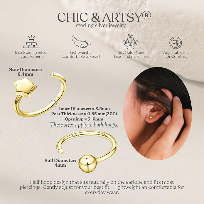 CHIC & ARTSY 925 Sterling Silver Half Hoop Earrings for Women, Small Huggie Hoops Set with Ball Bar Star Moon Cross & Pearl, Lightweight Comfort Fit Everyday & Sleep Earrings