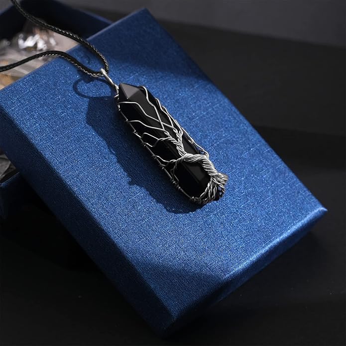 VIBILIA Healing Crystal Necklace Tree of Life Wire Wrapped Natural Stone Point Pendant Necklace Hexagonal Reiki Spiritual Quartz Gemstone Jewelry for Women Men